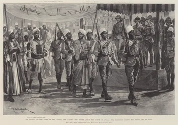 Der Vormarsch im Sudan, Einzug des gefangenen Emirs Mahmud in Berber nach der Schlacht von Atbara, die Prozession passiert den Sirdar und seinen Stab